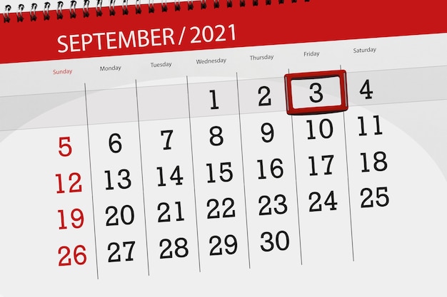 Calendar planner for the month september 2021, deadline day, 3, friday.