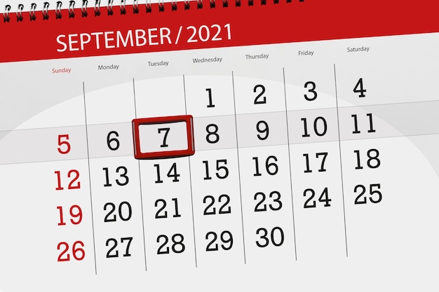 Calendar planner for the month september 2021, deadline day, 7, tuesday.