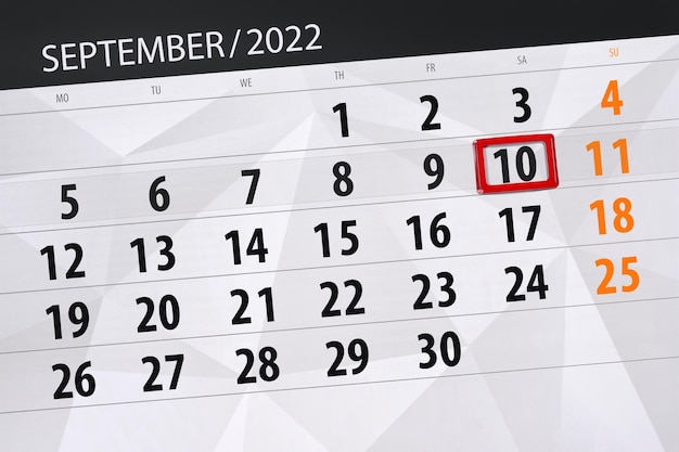 Calendar planner for the month september 2022 deadline day 10 saturday