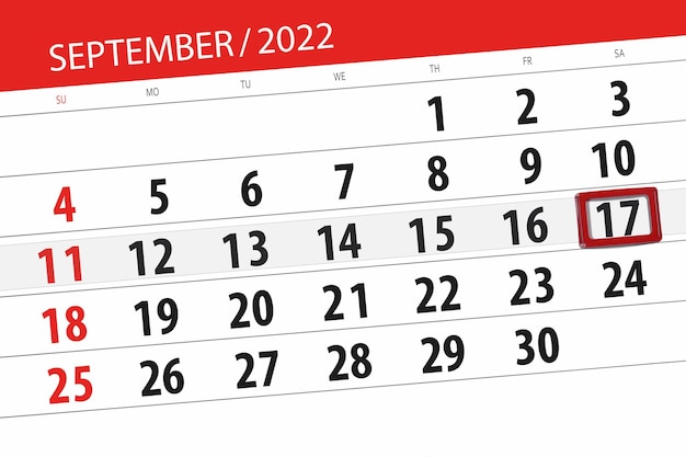 Calendar planner for the month september 2022 deadline day 17 saturday