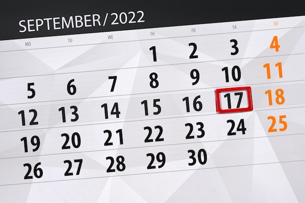 Calendar planner for the month september 2022 deadline day 17 saturday