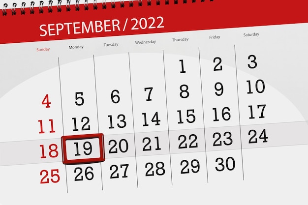 Calendar planner for the month september 2022 deadline day 19 monday