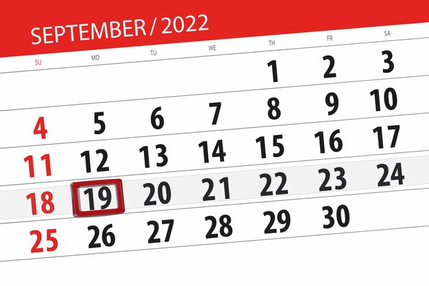 Calendar planner for the month september 2022 deadline day 19 monday