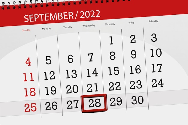 Calendar planner for the month september 2022 deadline day 28 wednesday