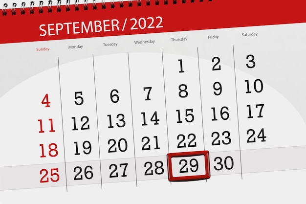 Calendar planner for the month september 2022 deadline day 29 thursday