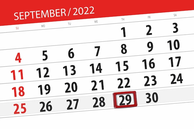 Calendar planner for the month september 2022 deadline day 29 thursday