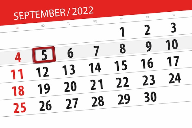 Calendar planner for the month september 2022 deadline day 5 monday