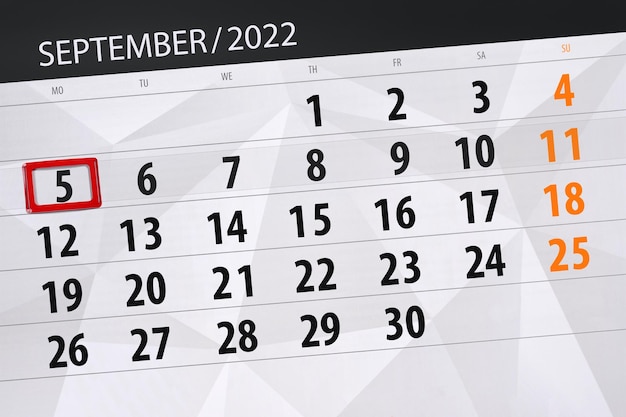 Calendar planner for the month september 2022 deadline day 5 monday