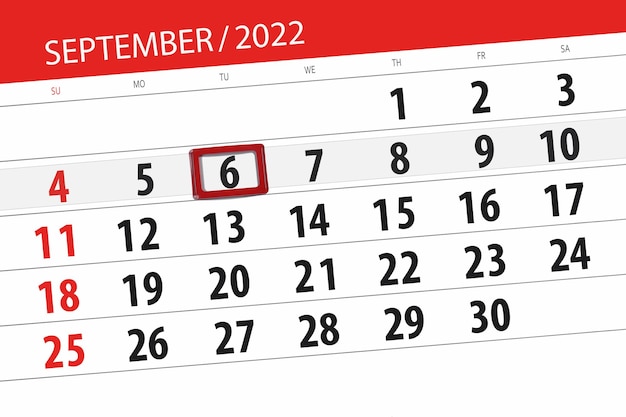 Calendar planner for the month september 2022 deadline day 6 tuesday