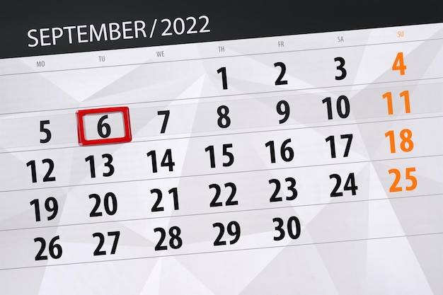 Calendar planner for the month september 2022 deadline day 6 tuesday