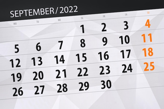 Calendar planner for the month september 2022 deadline day