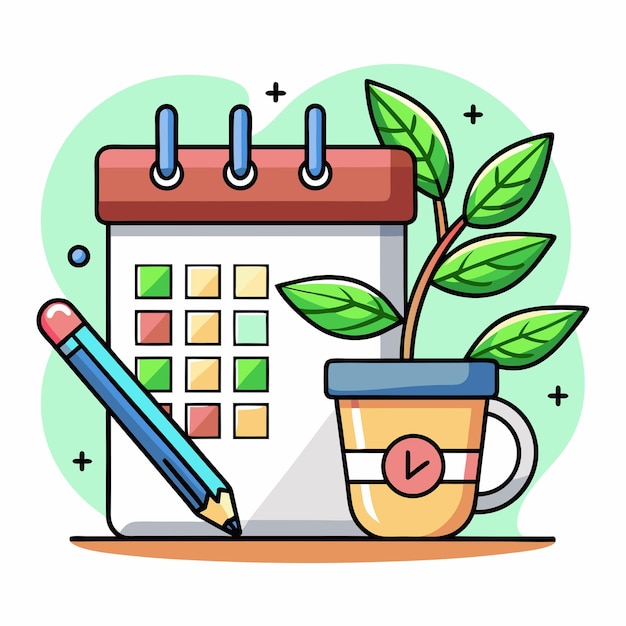 Photo calendar with coffee plant and pencil vector icon illustration save the date schedule icon concept white isolated flat cartoon style suitable for web landing page banner sticker