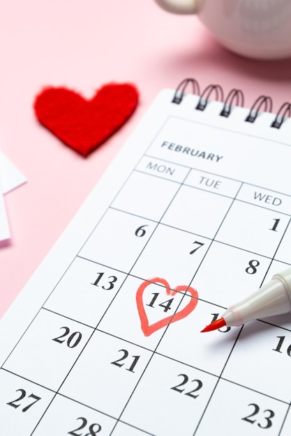 Calendar with date marked Valentine's Day.