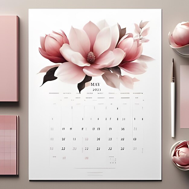 a calendar with a flower on it and a pink flower on the bottom