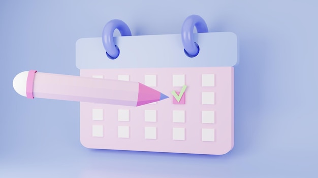 calendar with pencil in pastel blue tones 3d rendering