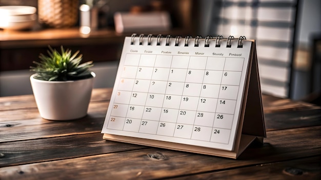 a calendar on a wooden table with a plant on it