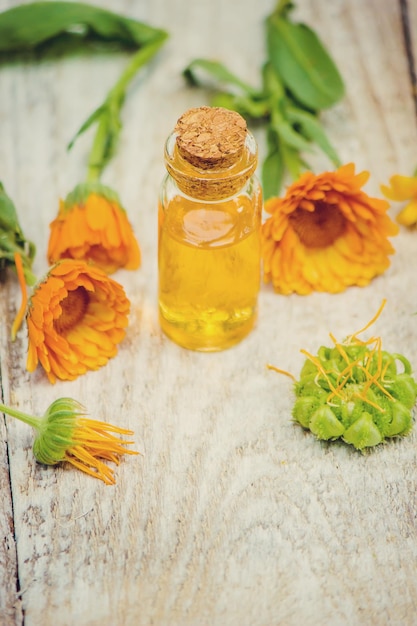 The calendula extract Medicinal plants Selective focus