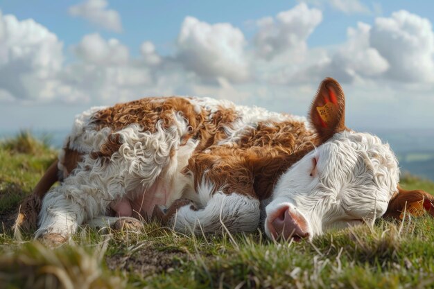 Photo a calf laying in the grass with a cow laying down