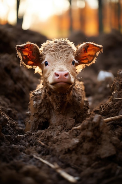 A calf rests in forest mud Generative AI