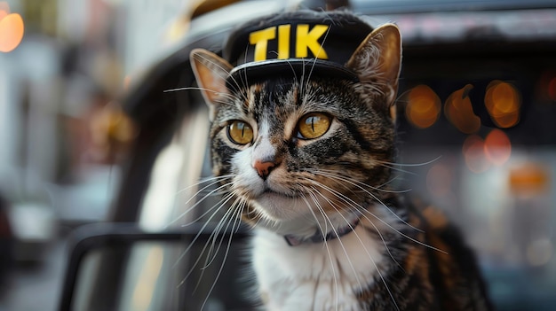 Calico cat dressed as a taxi driver with a cap and a welcoming look