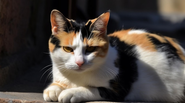 A calico cat is laying on a porch.