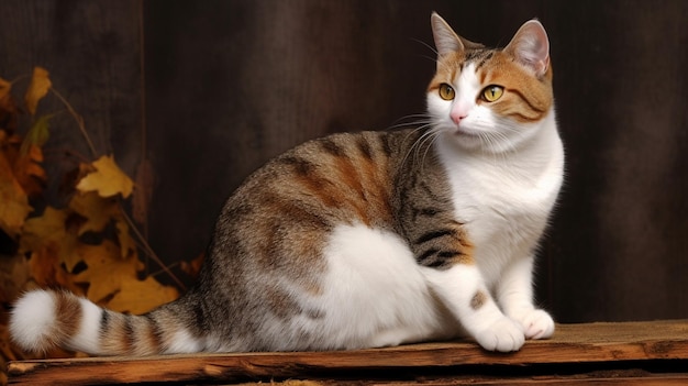 A calico cat sits on a table.