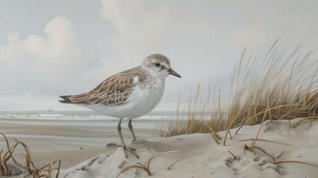 Calidris alba feeding on sandy shoreline during overcast morning