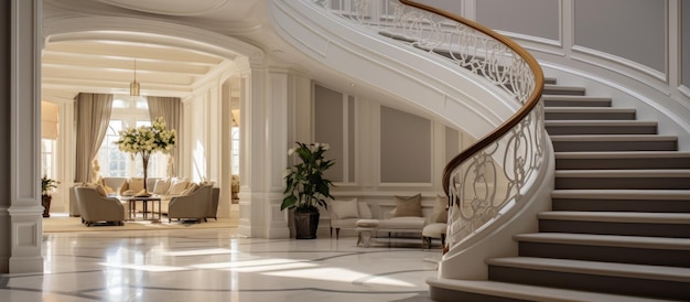 California 4 May 2021 Elegant illuminated stairway in spacious mansion with modern design Stylish railing and bright elements create a luxurious interior