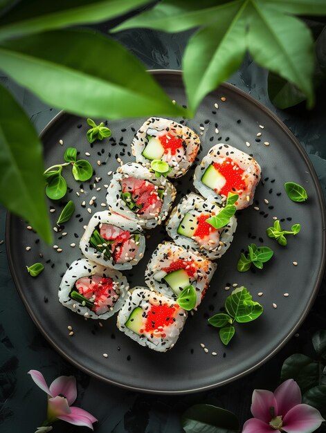 Photo california roll with crab avocado cucumber on dark plate close up japanese cuisine