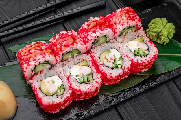 California sushi roll with crab avocado cucumber and tobiko caviar served