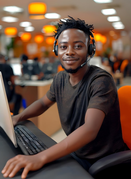 Call center agent sitting in front of a laptop wearing headphones and a black shirt