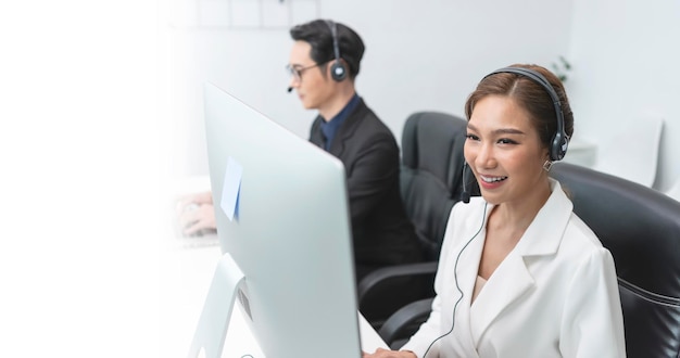 call center agent team customer service support wearing headset or headphone talking with customer