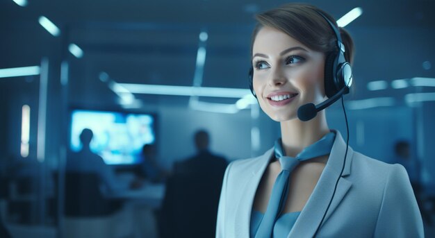 Photo call center employees with headsets working at their desks