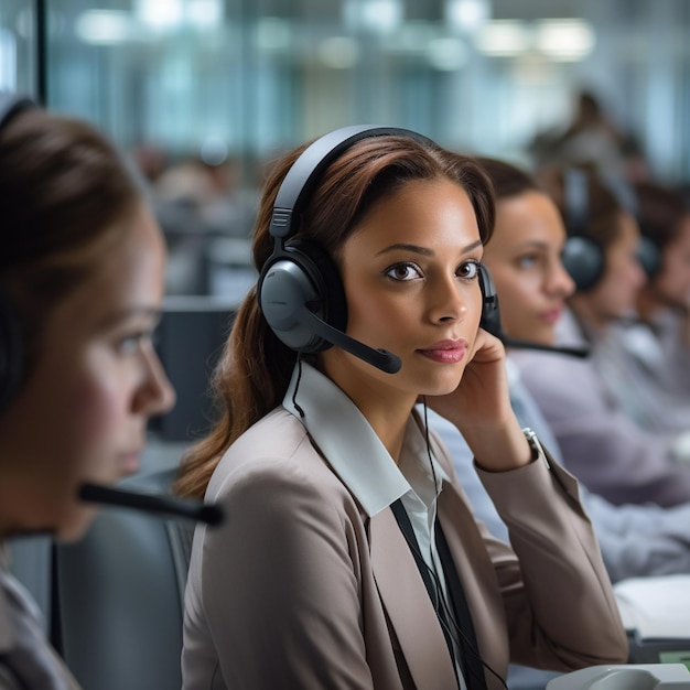 Photo call center employees with headsets working at their desks