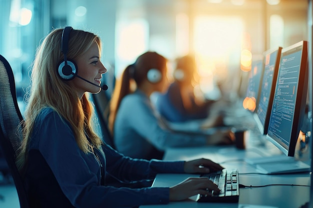 A call center environment with employees wearing headphones customers and digital marketing