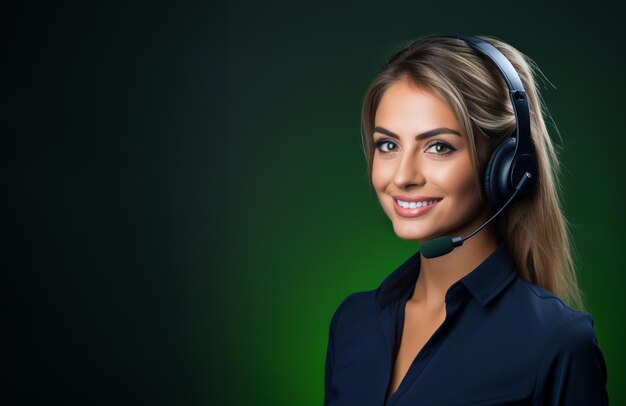 Call center help desk specialist Assistant Woman with a headset on head Professional dresscode