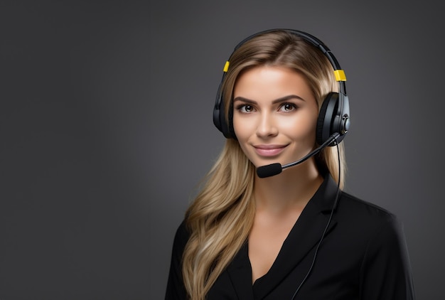 Call center help desk specialist Assistant Woman with a headset on head Professional dresscode