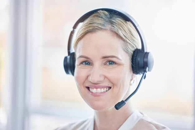 Call center portrait and woman consultant or agent in telemarketing customer support or services Face of worker for business communication professional chat or virtual e commerce and contact us