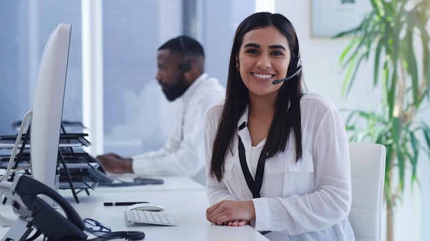 Call center smile and portrait of business woman in office for customer service technical support or consulting Communication contact us and help desk with employee for advisory solution or sale