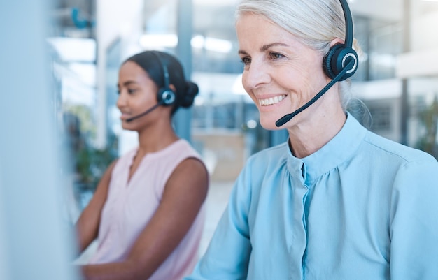 Call center woman and headphones phone call and contact tech support or customer help desk company employee consulting with client Communication worker and customer service or telemarketing