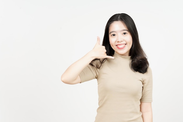 Call Me Gesture Of Beautiful Asian Woman Isolated On White Background