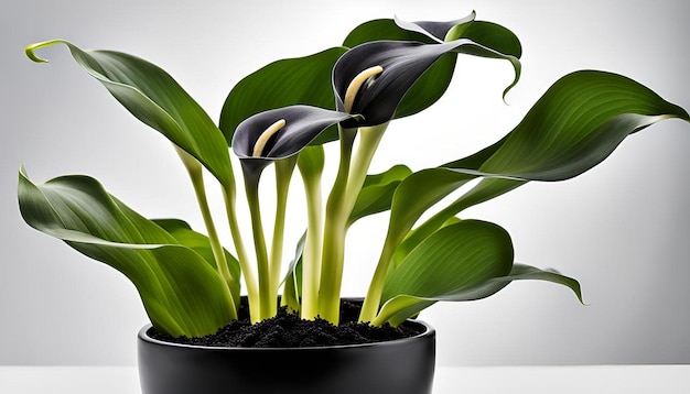 Calla black magic in a plant pot isolated on white background herbaceous perennial tuberous plant