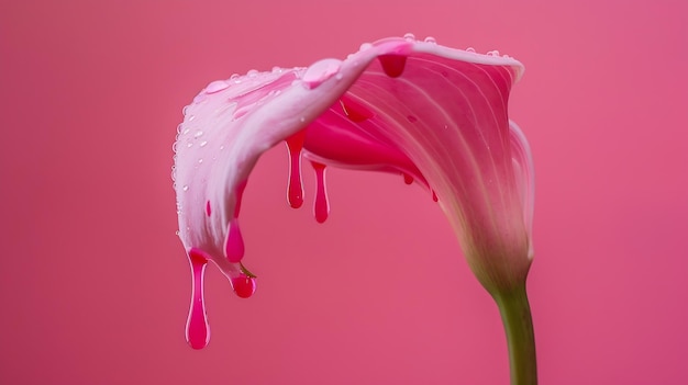 Calla flower with dripping pink paint Minimal summer exotic concept with copy space Generative AI