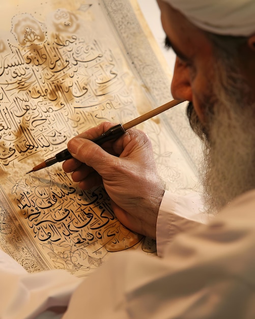 calligrapher meticulously crafting intricate script on parchment using traditional tools and ink