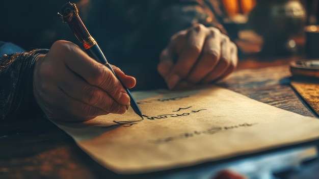 Photo calligrapher practicing elegant strokes on fine parchment