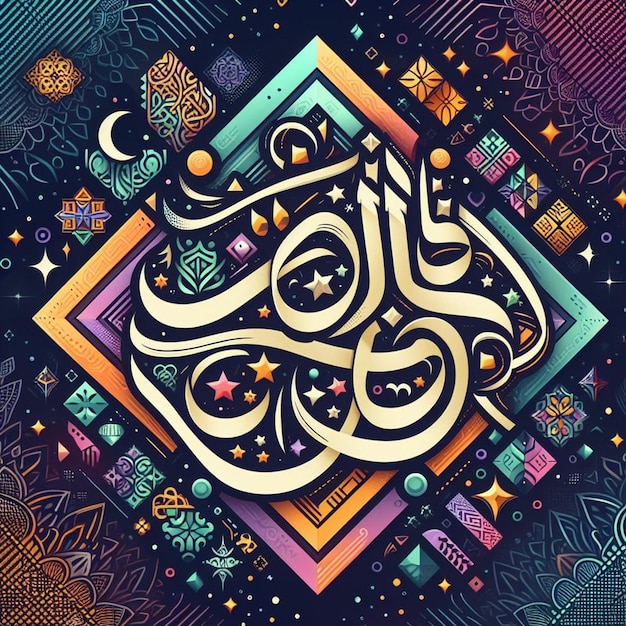 a calligraphy of arabic calligraphy with a moon and stars