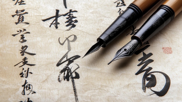 Calligraphy pens on Chinese script paper