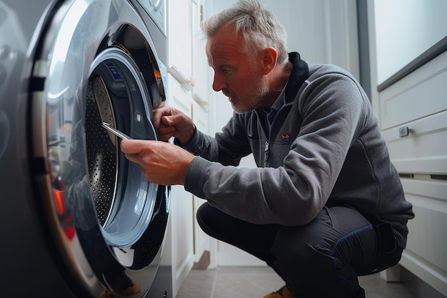 Photo calling appliance repair service a closeup shot of a mature man crouching down near his washing mac