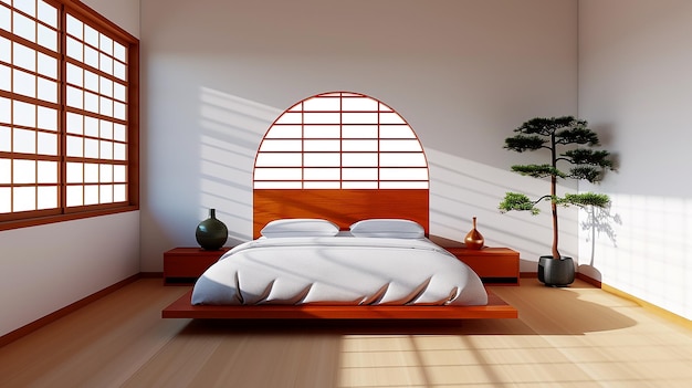 Calm bedroom platform bed minimalist decor Japanese zen style serene mood soft natural lighting