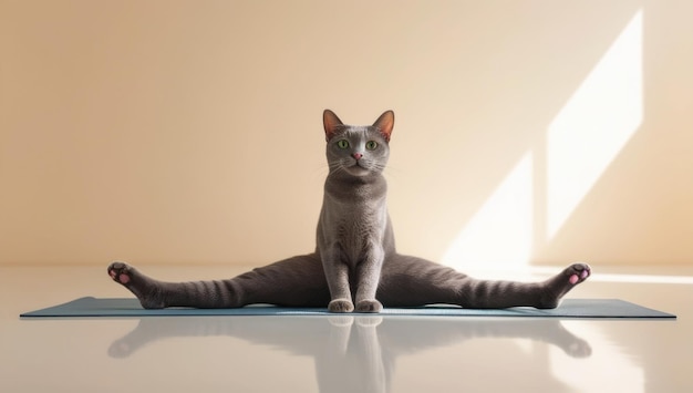 Photo calm cat practicing yoga on mat in sunlit room ai